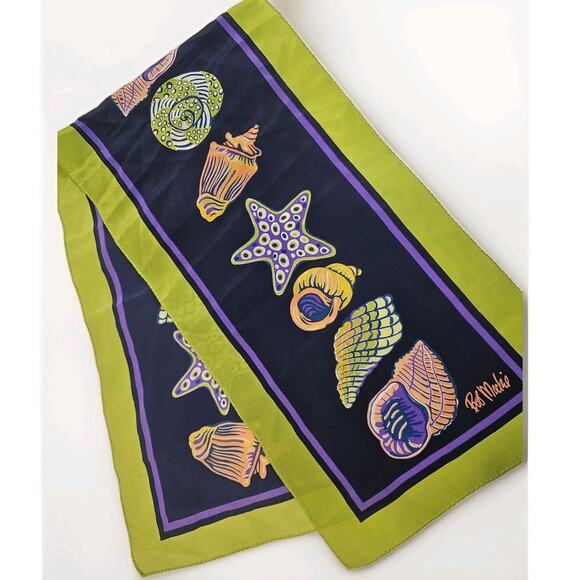 Bob Mackie Wearable Art Scarf Silk Seashell Beach Colorful Rectangle 10x37 90s - Picture 1 of 6